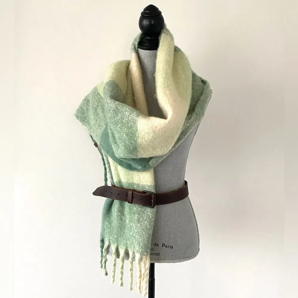 Lucky Brand Green & Cream Oversized Fringe Scarf Versatile Casual Chic Laganlook